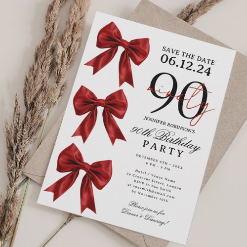 Red Coquette Bow Save Date 90th Birthday Party Invitation