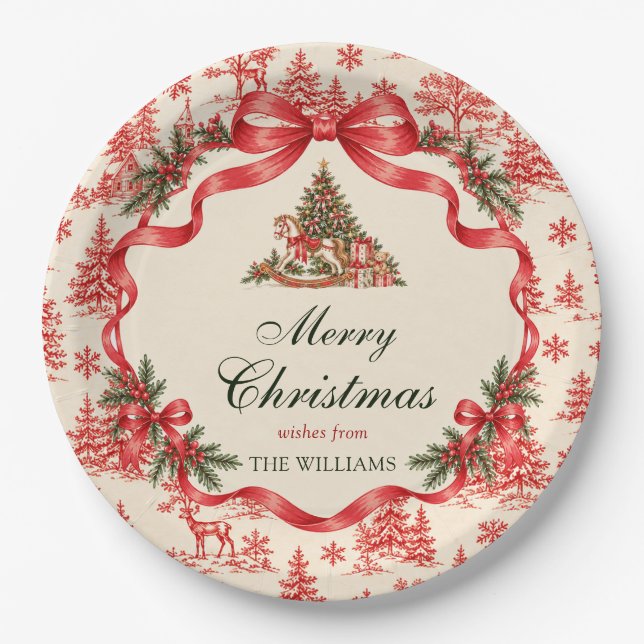 Red Coquette Bow Script Christmas Tree Party Paper Plates (Front)
