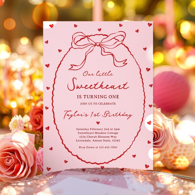 Red Coquette Bow Valentine's 1st Birthday Party Invitation (Creator Uploaded)
