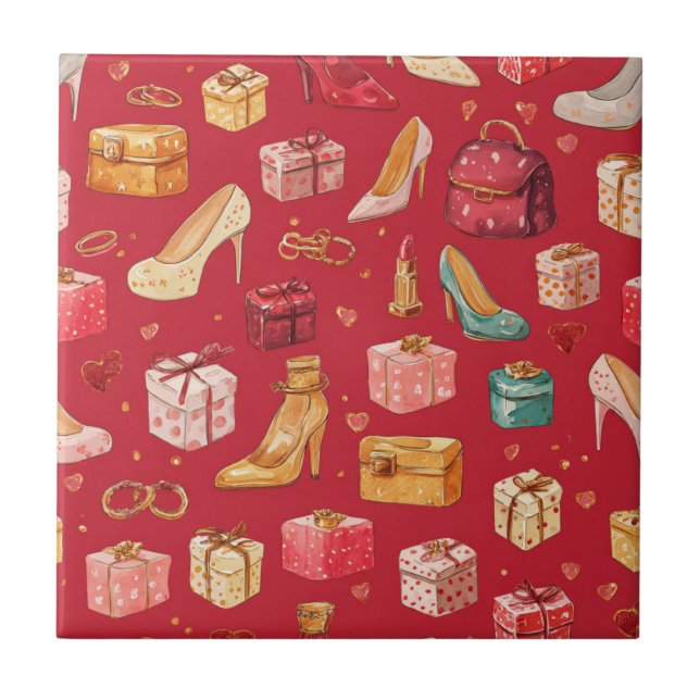 Red Coquette Christmas Glam Pattern Ceramic Tile (Front)