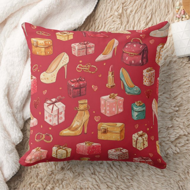 Red Coquette Christmas Glam Pattern Throw Pillow (Blanket)