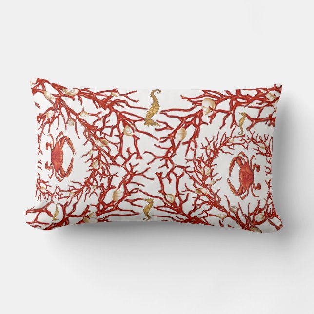 Red Coral, Crabs, and Seahorses Lumbar Pillow (Front)