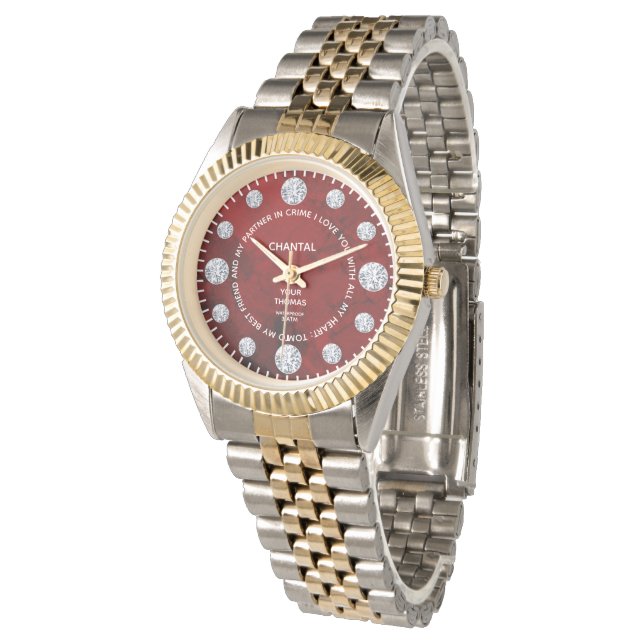 Red Coral Diamond Custom Saying Around Dial Gift Watch (Angled)