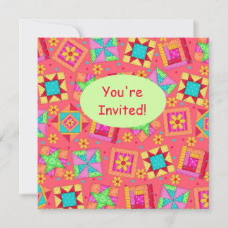 Red Coral Green Patchwork Quilt Block Art Invitation