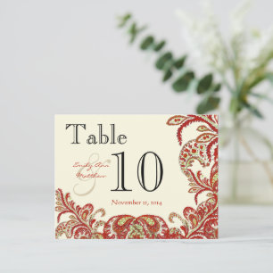Red Coral Lime Paisley Wedding Table Number