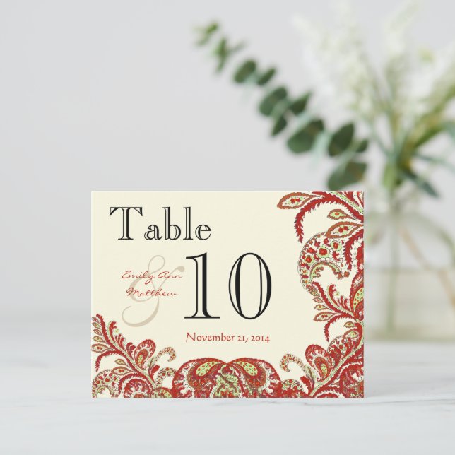 Red Coral Lime Paisley Wedding Table Number (Standing Front)