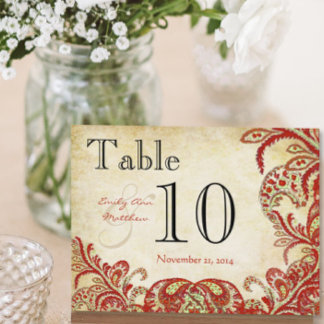 Red Coral Lime Paisley Wedding Table Number