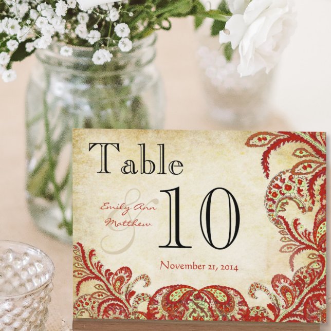 Red Coral Lime Paisley Wedding Table Number (Creator Uploaded)