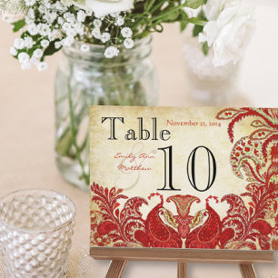 Red Coral Lime Paisley Wedding Table Number