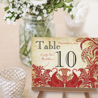 Red Coral Lime Paisley Wedding Table Number
