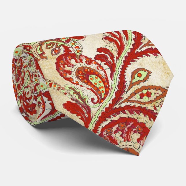 Red Coral Lime Paisley Wedding Tie (Rolled)