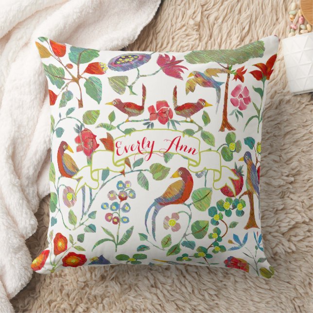Red Coral Lime Pink Lilac Floral Bird Pattern Throw Pillow (Blanket)