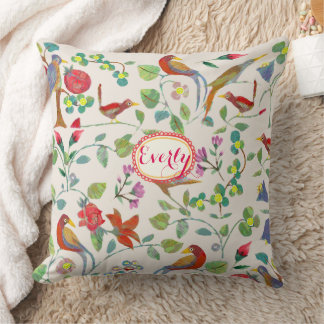 Red Coral Lime Pink Lilac Floral Bird Pattern Throw Pillow