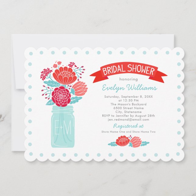 Red Coral Mason Jar Monogram Wedding Shower Invitation (Front)
