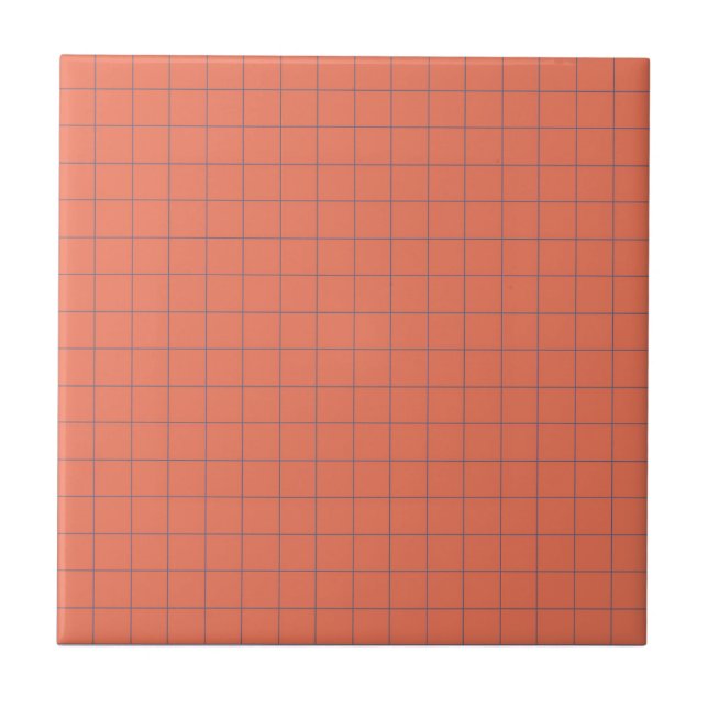 Red Coral & Navy Blue Checkered Pattern Retro Ceramic Tile (Front)