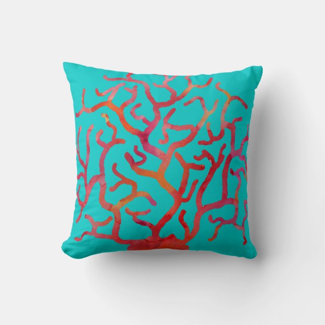 Red Coral on Turquoise Throw Pillow (Front)