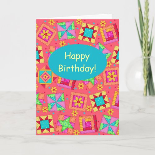 Red Coral Patchwork Quilt Block Art Happy Birthday Card