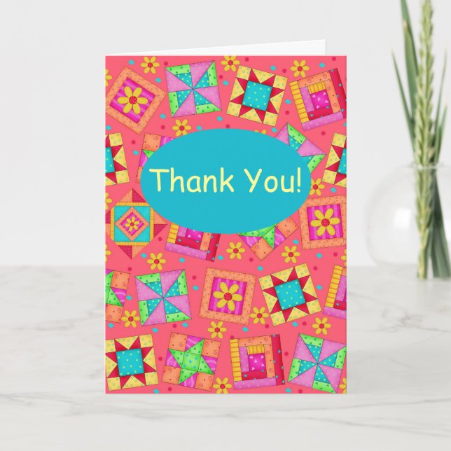 Red Coral Patchwork Quilt Block Art Thank You Card (Front)