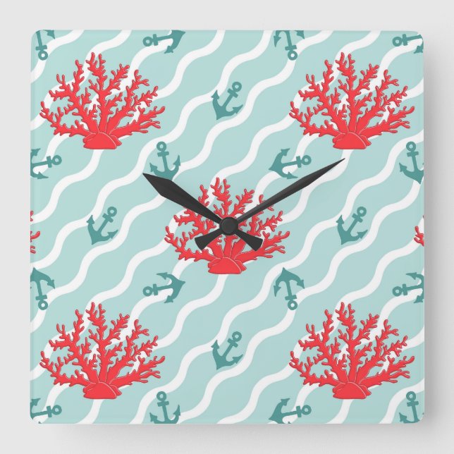 Red Coral Pattern 1 Square Wall Clock (Front)