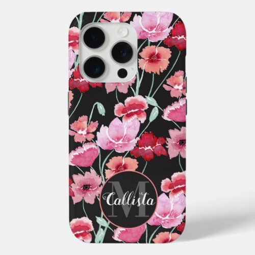 Red Coral Pink Black Watercolor Flowers Monogram iPhone 15 Pro Case