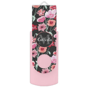 Red Coral Pink Black Watercolor Flowers Monogram Flash Drive