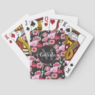 Red Coral Pink Black Watercolor Flowers Monogram Poker Cards