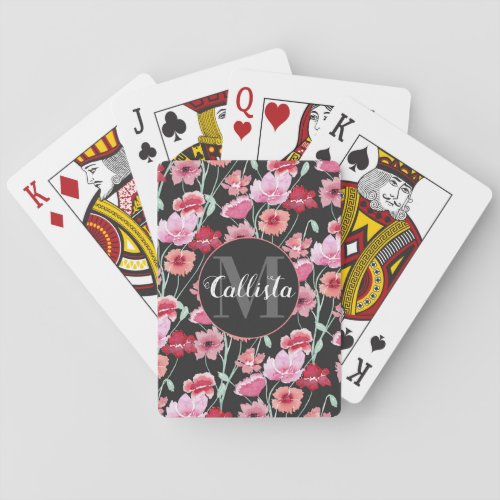 Red Coral Pink Black Watercolor Flowers Monogram Poker Cards