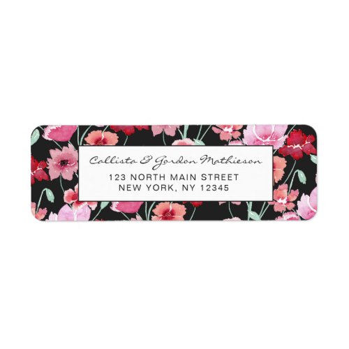 Red Coral Pink Black Watercolor Flowers Pattern Label