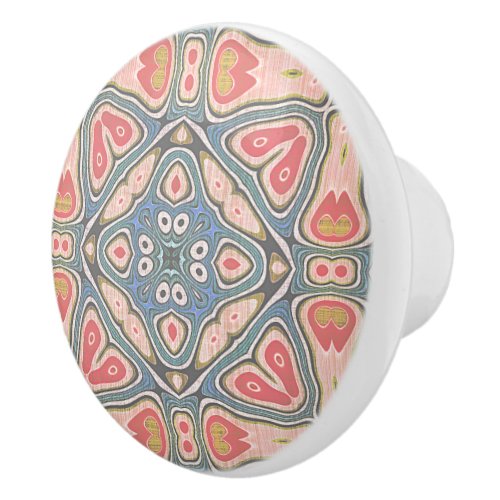 Red Coral Pink Blue Retro Nouveau Mosaic Pattern Ceramic Knob