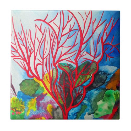 Red Coral Reef ocean art Ceramic Tile