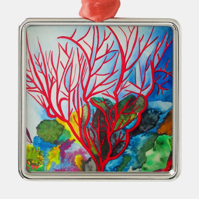 Red Coral Reef ocean art Metal Ornament (Front)