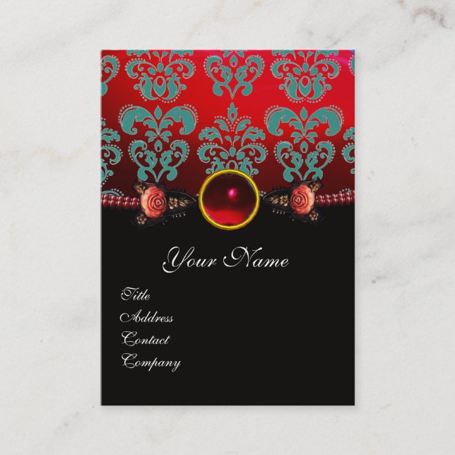 RED CORAL ROSES,AQUA BLUE BLACK DAMASK MONOGRAM BUSINESS CARD (Front)