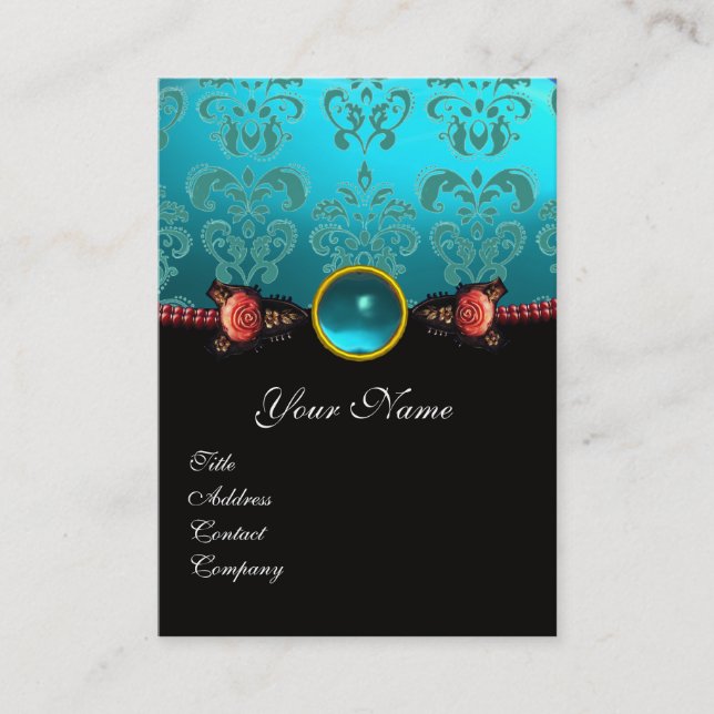 RED CORAL ROSES,AQUA BLUE BLACK DAMASK MONOGRAM BUSINESS CARD (Front)