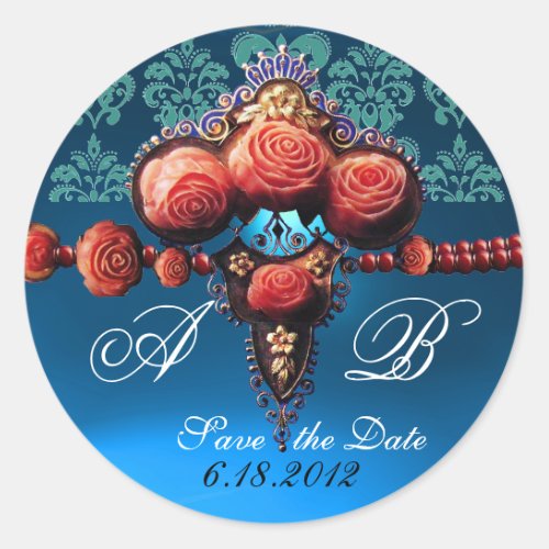 RED CORAL ROSESAQUA BLUE BLACK DAMASK MONOGRAM CLASSIC ROUND STICKER