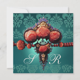 RED CORAL ROSES,AQUA BLUE BLACK DAMASK MONOGRAM INVITATION