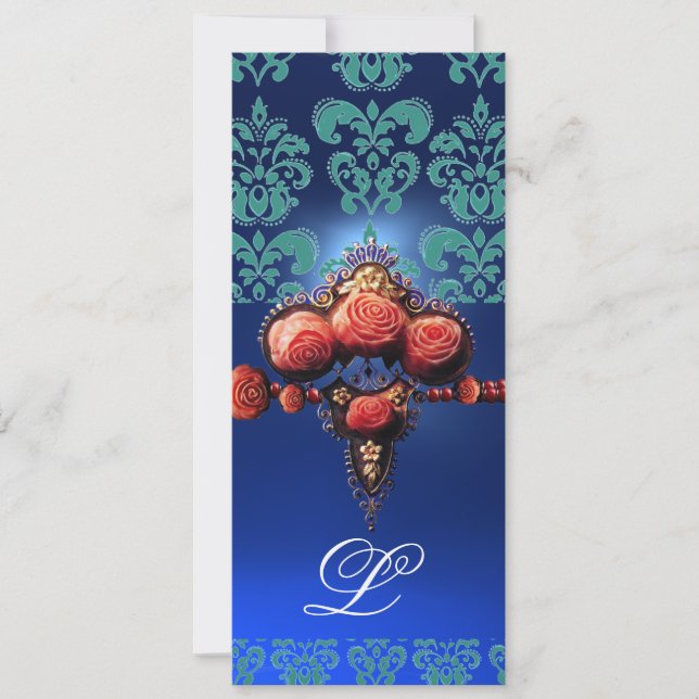 RED CORAL ROSES,AQUA BLUE BLACK DAMASK MONOGRAM INVITATION (Front)