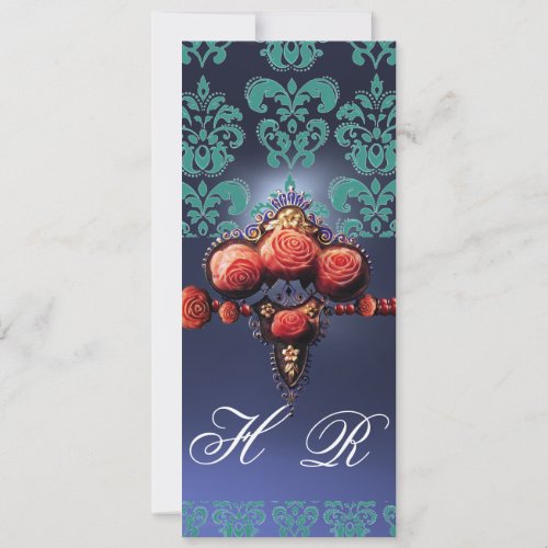 RED CORAL ROSESAQUA BLUE BLACK DAMASK MONOGRAM INVITATION