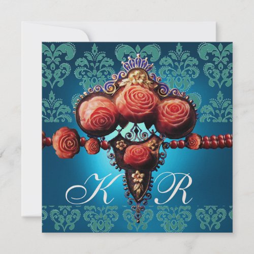 RED CORAL ROSESAQUA BLUE BLACK DAMASK MONOGRAM INVITATION