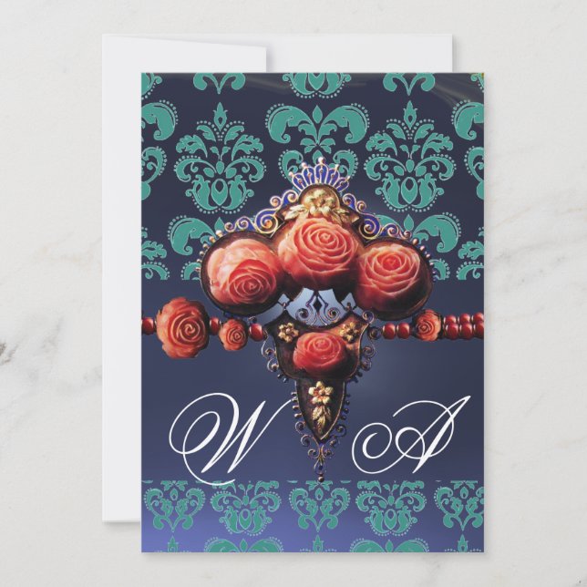 RED CORAL ROSES,AQUA BLUE BLACK DAMASK MONOGRAM INVITATION (Front)