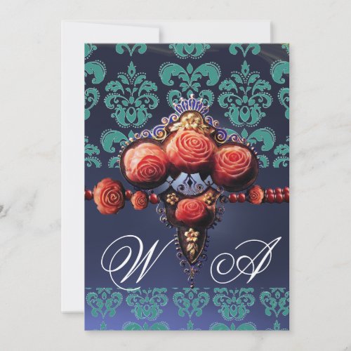 RED CORAL ROSESAQUA BLUE BLACK DAMASK MONOGRAM INVITATION