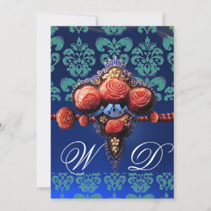 RED CORAL ROSES,AQUA BLUE BLACK DAMASK MONOGRAM INVITATION