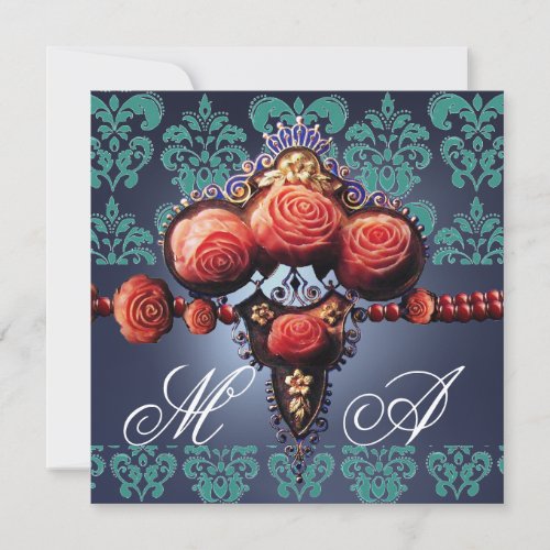 RED CORAL ROSESAQUA BLUE BLACK DAMASK MONOGRAM INVITATION