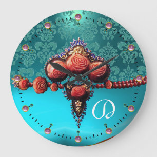RED CORAL ROSES, AQUA BLUE DAMASK MONOGRAM LARGE CLOCK