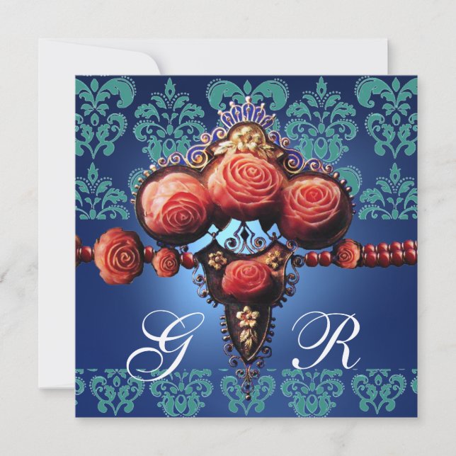 RED CORAL ROSES,AQUA BLUE GOLD DAMASK MONOGRAM INVITATION (Front)