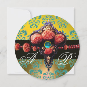 RED CORAL ROSES,AQUA BLUE YELLOW DAMASK MONOGRAM INVITATION
