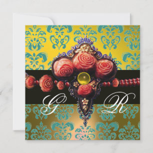 RED CORAL ROSES,AQUA BLUE YELLOW DAMASK MONOGRAM INVITATION