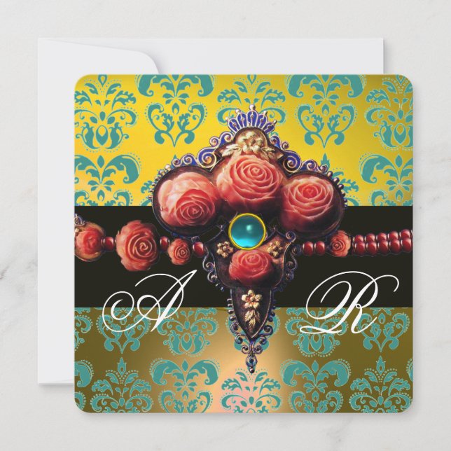 RED CORAL ROSES,AQUA BLUE YELLOW DAMASK MONOGRAM INVITATION (Front)