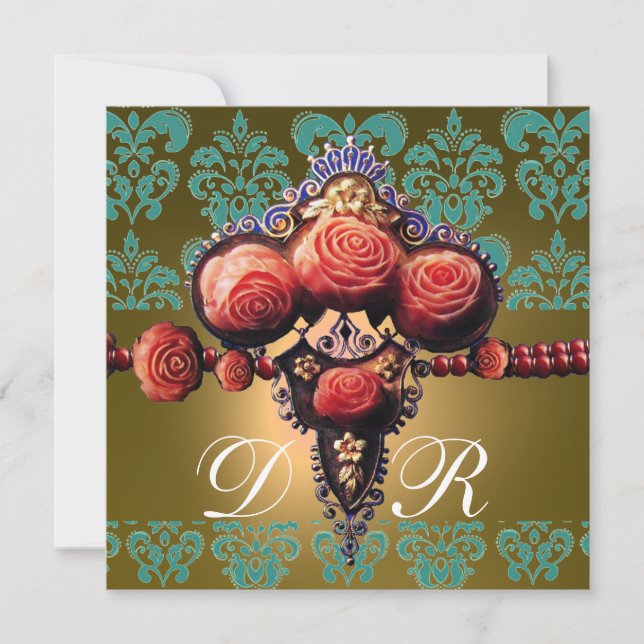 RED CORAL ROSES,BLACK GREEN YELLOW DAMASK MONOGRAM INVITATION (Front)