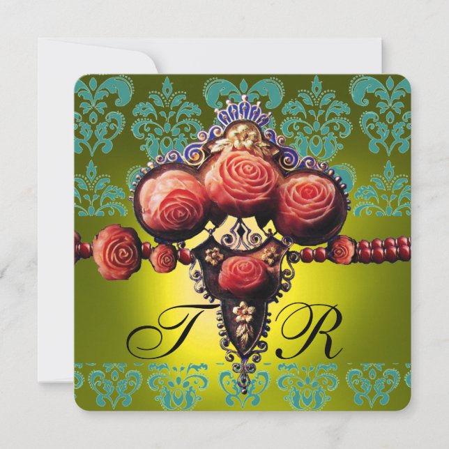 RED CORAL ROSES,BLACK GREEN YELLOW DAMASK MONOGRAM INVITATION (Front)