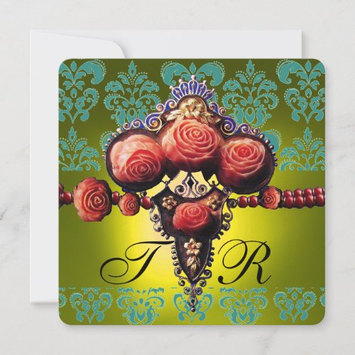 RED CORAL ROSESBLACK GREEN YELLOW DAMASK MONOGRAM INVITATION